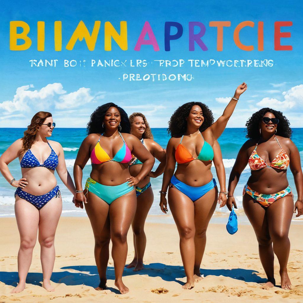 A sunny beach scene with diverse women of all shapes and sizes confidently wearing colorful bikinis, radiating positivity and self-acceptance. The background features gentle waves and a bright blue sky, symbolizing freedom and empowerment. Incorporate motivational quotes about body positivity in artistic lettering within the scene. The overall atmosphere should be uplifting and vibrant. super-realistic. vibrant colors. beach setting.
